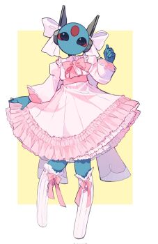 1girl androgynous back_bow black_eyes blue_skin bow bow_legwear circle_facial_mark collar colored_skin commentary dress english_commentary facial_mark forehead_mark frilled_collar frilled_dress frilled_socks frills hair_bow highres humanoid_robot iterator_(rain_world) joints looking_at_viewer looks_to_the_moon mark_under_eye markings multiple_hair_bows no_mouth no_nose pink_bow pink_dress rain_world robot robot_ears robot_girl robot_joints socks white_background white_bow white_collar white_socks yellow_background