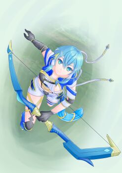 1girl absurdres adapted_costume asymmetrical_gloves black_gloves black_socks blue_boots blue_eyes blue_hair blue_jacket boobplate boots bow_(weapon) breastplate breasts closed_mouth collarbone commentary_request day double-parted_bangs dutch_angle elbow_gloves floating gloves grass hair_between_eyes hair_tubes high_heel_boots high_heels highres holding holding_bow_(weapon) holding_weapon jacket knee_boots kneehighs looking_at_viewer medium_breasts medium_hair multiple_thigh_straps open_clothes open_jacket outdoors pinstripe_pattern pinstripe_shirt plain pxa640 shirt short_shorts shorts single_kneehigh single_sock sinon sinon_(sao:al) smile socks solo sword_art_online sword_art_online:_alicization_lycoris thigh_strap uneven_gloves weapon white_shirt white_shorts