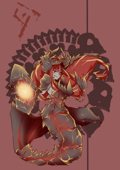 1girl abs absurdres armor blood bone breasts chattur'gha claws colored_sclera crossover energy energy_ball eternal_darkness:_sanity's_requiem extra_eyes glowing glowing_claws glowing_eyes glowing_pincers glowing_veins glyph heart_(symbol) highres horns long_hair looking_at_viewer medium_breasts monster_girl nintendo no_pupils personification pincers red_background red_eyes red_hair red_sclera sideboob sigil silicon_knights simple_background skull slit_pupils spine sucker_for_love tail tn_scallion veins very_long_hair worm yellow_eyes