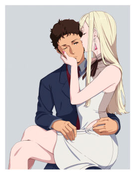 Rule 34 | 1boy, 1girl, arm around waist, bare arms, black jacket, black pants, blonde hair, border, breasts, brown eyes, brown hair, brown ribbon, closed eyes, closed mouth, collared shirt, couple, cowboy shot, crossed legs, dress, earrings, enelous, gigi andalusia, grey background, grey shirt, gundam, gundam hathaway's flash, hand on another's face, hand on another's hip, hand on another's thigh, hathaway noa, hetero, highres, jacket, jewelry, kiss, kissing cheek, long hair, long sidelocks, medium breasts, nail polish, neck ribbon, necktie, one eye closed, pants, pink nails, red necktie, red sweater vest, ribbon, shirt, short hair, sidelocks, simple background, sitting, sitting on lap, sitting on person, sleeveless, sleeveless dress, suit jacket, sweater vest, triangle earrings, very short hair, white border, white dress