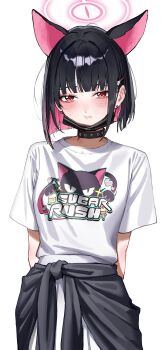 Rule 34 | 1girl, animal ears, arms behind back, black choker, black cola, black hair, blue archive, cat ears, choker, clothes around waist, colored inner animal ears, colored inner hair, cowboy shot, extra ears, hair ornament, hairclip, halo, hashtag-only commentary, highres, jacket, jacket around waist, kazusa (band) (blue archive), kazusa (blue archive), looking at viewer, mask, mask pull, multicolored hair, official alternate costume, pink hair, pink halo, red eyes, shirt, short hair, short sleeves, simple background, skirt, small sweatdrop, solo, standing, two-tone hair, white background, white shirt