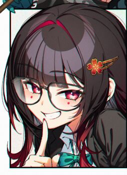 1girl black_jacket bow bowtie brown_hair chromatic_aberration circle_facial_mark colored_tips commentary_request dl_(dl_6ix) finger_to_mouth fingernails flower_hairpin glasses green_bow green_bowtie grin hair_intakes hand_up heavy_chromatic_aberration highres honkai:_star_rail honkai_(series) index_finger_raised jacket korean_commentary long_hair looking_at_viewer mark_under_both_eyes multicolored_hair official_alternate_costume portrait red_eyes shirt shushing sidelocks smile solo sparkle_(honkai:_star_rail) sparkle_(school_uniform)_(honkai:_star_rail) white_shirt