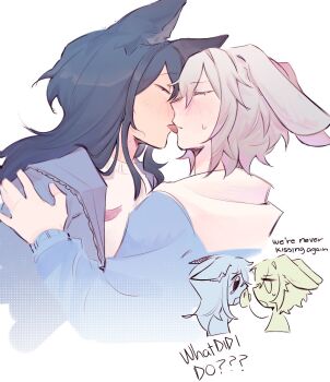 Rule 34 | 2girls, animal ears, black hair, blue hoodie, blue jacket, blush, closed eyes, commentary, english commentary, english text, hand on another's shoulder, hinomori shiho, hood, hoodie, hoshino ichika (project sekai), jacket, kemonomimi mode, licking, licking another's face, licking another's lips, long hair, mortis da silva, multiple girls, pink hair, project sekai, rabbit ears, rabbit girl, shirt, short hair, simple background, tongue, tongue out, white background, white shirt, wolf ears, wolf girl, yuri