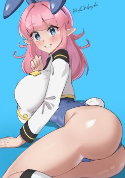 1girl ally_chihyah animal_ears artist_name ass black_trim blue_background blue_eyes blue_leotard blush breasts character_request commentary copyright_request english_commentary fake_animal_ears fake_tail feet_out_of_frame gold_buttons grin highres jacket kneehighs large_breasts leotard leotard_under_clothes long_hair long_sleeves looking_at_viewer pink_hair playboy_bunny pointy_ears rabbit_ears rabbit_tail sailor simple_background smile socks solo strapless strapless_leotard tail thighs white_jacket white_socks
