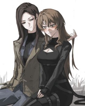 2girls absurdres age_difference artist_request black_gloves black_pants black_shirt blurry blurry_background blush breasts brown_hair brown_jacket cleavage cleavage_cutout closed_mouth clothing_cutout collared_jacket collared_shirt commentary couple english_commentary fingerless_gloves gloves grass green_eyes grey_pants hair_between_eyes head_tilt height_difference highres holding_another&#039;s_hair jacket large_breasts lee_sookyung light_smile long_hair long_sleeves looking_down looking_to_the_side multiple_girls nervous omniscient_reader&#039;s_viewpoint outdoors own_hands_together pants parted_bangs shade shirt shy sitting straight_hair surprised wavy_hair white_background wide-eyed yoo_sangah yuri