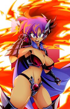 Rule 34 | 1girl, absurdres, andoryu anzuru, armor, bikini armor, blue eyes, boots, breasts, cape, cleavage, dark-skinned female, dark skin, feet out of frame, fingerless gloves, fire, gauntlets, gloves, highres, knee boots, large breasts, looking at viewer, navel, official alternate costume, open mouth, purple cape, purple hair, pyrokinesis, red armor, shantae, shantae (series), shantae advance: risky revolution, shiny skin, short hair, shoulder armor, sizzle armor shantae, smile, teeth, thighs, upper teeth only