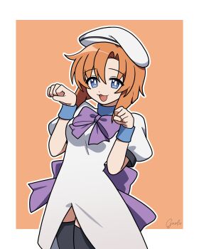 1girl :3 absurdres black_thighhighs blue_eyes dress eyelashes garloo hair_between_eyes hat highres higurashi_no_naku_koro_ni inktober open_mouth orange_background orange_hair parted_bangs puffy_short_sleeves puffy_sleeves ryuuguu_rena short_sleeves signature simple_background solo thighhighs two-tone_background white_background white_dress white_hat