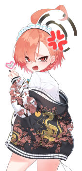 :o absurdres ahoge anger_vein asymmetrical_bangs black_nails blue_archive blush braid commentary_request earrings fang finger_heart fingernails halo heart highres huge_ahoge jacket jacket_partially_removed jewelry looking_at_viewer maid_headdress mole mole_under_eye nail_polish neru_(blue_archive) orange_hair shirt short_hair simple_background single_braid stud_earrings sukajan thighs warabi_mochi_(w4rabimochi) white_background white_shirt