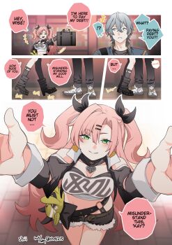 1boy 1girl black_shorts breasts commentary crop_top earrings english_commentary english_text grey_hair hair_ornament hairclip heart heart_earrings highres implied_kiss jewelry kiss micro_shorts nicole_demara pink_hair shi_(shi4557) shorts speech_bubble strapless tube_top white_tube_top wise_(zenless_zone_zero) zenless_zone_zero