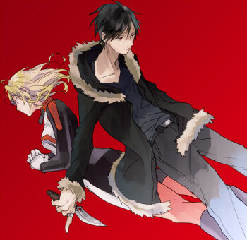 1boy 1girl black_hair blonde_hair blue_eyes bodysuit breasts coat collarbone durarara!! from_below frown fur-trimmed_coat fur-trimmed_hood fur-trimmed_jacket fur_trim gloves hair_between_eyes holding holding_knife hood hood_down hooded_jacket jacket jewelry knife medium_breasts medium_hair orihara_izaya red_background red_eyes ring sad short_hair urahara vorona white_bodysuit white_gloves