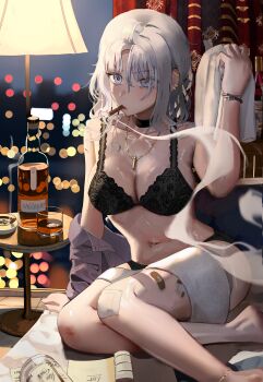 Rule 34 | 1girl, absurdres, alcohol, ankleband, anklet, ashtray, backlighting, barefoot, black bra, black panties, blanket, book, bottle, bra, bracelet, breasts, choker, cigar, cigarette, city, city lights, cityscape, cleavage, collar, cup, curtains, drinking glass, ear piercing, earrings, floor lamp, full body, grey eyes, grey hair, hand on floor, hand up, hani haya, highres, holding, holding towel, indoors, jewelry, lace, lace bra, lamp, lantern, lighthouse, living room, looking to the side, medium breasts, medium hair, navel, necklace, night, no pants, no shoes, on floor, original, panties, partially undressed, piercing, shadow, shirt, sitting, sky, smoke, smoking, solo, stud earrings, table, tile floor, tiles, tobacco, towel, underwear, unworn clothes, unworn shirt, white hair, window, wine, wine bottle, wine glass, yokozuwari