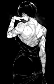 1girl absurdres alternate_costume ass back backless_dress backless_outfit bare_arms bare_shoulders black_background bob_cut cowboy_shot dress evening_gown fingernails from_behind glasses greyscale hand_on_own_face highres jujutsu_kaisen looking_at_viewer looking_back masoq monochrome muscular muscular_female nail_polish nape profile round_eyewear scar scar_on_arm scar_on_back scar_on_face short_hair shoulder_blades simple_background solo steam steaming_body strapless strapless_dress tight_clothes tight_dress zen&#039;in_maki