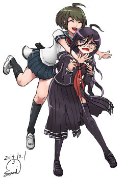 Rule 34 | 2girls, absurdres, ahoge, black shoes, black socks, blue sailor collar, blue skirt, closed eyes, collared shirt, commentary request, danganronpa (series), danganronpa another episode: ultra despair girls, dated, eyelashes, fukawa toko, full body, glasses, green hair, hair between eyes, highres, hug, hug from behind, imminent hug, kneehighs, long hair, long skirt, long sleeves, megaphone, messy hair, mole, mole under mouth, multiple girls, naegi komaru, neckerchief, nervous, open mouth, purple eyes, purple hair, purple serafuku, purple shirt, purple skirt, purple thighhighs, red neckerchief, round eyewear, sailor collar, samidare satsuki, school uniform, serafuku, shirt, shoes, short hair, short sleeves, signature, simple background, skirt, skirt set, smile, socks, teeth, thighhighs, torn clothes, torn neckerchief, torn skirt, upper teeth only, wavy mouth, white background, white sailor collar, white shirt, white shoes