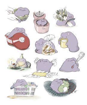 :i bag basket black_eyes bouquet bread cake cake_slice chair closed_mouth commentary_request cooking_pot cup disembodied_hand ditto flower food food_on_face fork gen_1_pokemon hat highres holding holding_basket holding_bouquet holding_cup in_container in_pot kuranaga11 laundry_basket liquid nintendo party_hat plastic_bag pokemon pokemon_(creature) rice rice_cooker rice_on_face simple_background smile strainer substitute_(pokemon) tissue tissue_box whisk white_background