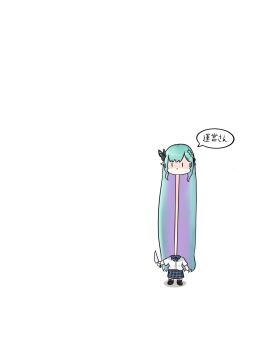 1girl :&gt; anatomical_nonsense black_socks blue_bow blue_skirt bow braid brown_shoes butterfly_hair_ornament chibi commentary_request fong_(fongthe0125) gradient_hair green_hair hair_ornament highres holding holding_knife hololive knife long_hair long_neck multicolored_hair parted_lips plaid_bow plaid_clothes plaid_skirt purple_hair shaded_face shadow shirt shoes simple_background skirt socks solo standing translation_request triangle_mouth uruha_rushia uruha_rushia_(school_uniform) very_long_hair virtual_youtuber white_background white_shirt |_|