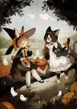 2girls absurdres animal_ears artist_name cat cat_ears cat_girl cat_tail closed_eyes commentary_request dated eating ghost halloween hat highres long_hair multiple_girls original outdoors pumpkin rabbit rabbit_ears rabbit_girl rabbit_tail sakutake_(ue3sayu) short_hair signature sitting tail tree twitter_username witch_hat