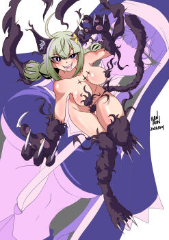 1girl 2girls absurdres ahoge animal_ear_fluff animal_ears animal_hands araga_kiwi artist_name black_dress black_eyes black_fire blue_eyes blush breast_tattoo breasts cat_ears cat_girl cat_paw cat_tail claws coif collarbone commentary_request crazy_eyes cross cross_facial_mark dated double_bun dress energy extra_ears facial_mark fangs fire fire_pasties fur_thighhighs green_hair hair_bun hair_ornament highres ikaika0326 large_breasts leoparde_(mahou_shoujo_ni_akogarete) leoparde_(serious_mode)_(mahou_shoujo_ni_akogarete) long_hair looking_at_viewer mahou_shoujo_ni_akogarete mole mole_under_eye multiple_girls nun nun_headdress open_mouth pasties pawpads pink_pupils shiny_skin shoulder_blush signature simple_background sister_gigant slit_pupils smile smirk star_(symbol) star_facial_mark star_hair_ornament star_tattoo tail tattoo teeth underboob very_long_hair very_low_bun white_background