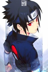 Rule 34 | 1boy, black hair, black shirt, border, closed mouth, detached sleeves, from above, frown, furrowed brow, headband, highres, male focus, naruto (classic), naruto (series), parted bangs, pillarboxed, red eyes, sharingan, shirt, shoes, short hair, signature, skaggshood, solo, uchiha sasuke, upper body, white border, white shoes, white sleeves