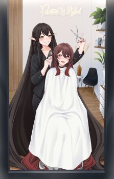 absurdly_long_hair absurdres alternate_costume black_coat black_pants brown_hair chair coat comb commentary english_commentary fate_(series) foxie30 genshin_impact hair_salon hairdressing highres holding holding_comb holding_scissors hu_tao_(genshin_impact) long_hair nervous_smile pants plant pointy_ears potted_plant salon_cape scissors semiramis_(fate) smile very_long_hair