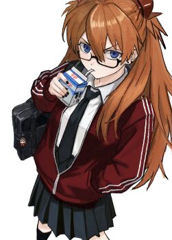 Rule 34 | 1girl, absurdres, akiii kawa, alternate costume, bag, black-framed eyewear, black bag, black nails, black necktie, black skirt, black socks, blue eyes, brown hair, charm (object), collared shirt, drink, drink carton, drinking, drinking straw, drinking straw in mouth, ear piercing, earrings, from above, glasses, hair between eyes, hand in pocket, highres, holding, holding drink, interface headset, jacket, jewelry, juice box, kneehighs, long hair, long sleeves, looking at viewer, milk carton, nail polish, necktie, neon genesis evangelion, orange hair, partially unzipped, piercing, pleated skirt, red jacket, school bag, school uniform, semi-rimless eyewear, shirt, simple background, skirt, socks, solo, souryuu asuka langley, track jacket, under-rim eyewear, v-shaped eyebrows, white background, white shirt, zipper, zipper pull tab