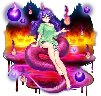 1girl barefoot breasts closed_mouth clothes_writing collarbone fire game_cg green_shirt green_shorts highres horns lizard_tail long_hair long_tail looking_at_viewer official_art pink_horns pink_tail pointy_ears purple_fire purple_hair pyrokinesis red_eyes rotte_(1109) shirt short_sleeves shorts single_horn single_off_shoulder sitting sitting_on_own_tail smile solo syringe syringe_holster tail tenkajin_chiyari third-party_source toes touhou touhou_lostword transparent_background very_long_hair