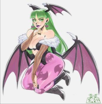 1girl animal_print artist_logo artist_name bare_shoulders bat_print bat_wings breasts cleavage clothing_cutout darkstalkers demon_girl earrings eymbee fur-trimmed_leotard fur_trim green_eyes green_hair head_wings heart_cutout high_heels highleg highleg_leotard jewelry leotard logo long_hair morrigan_aensland off-shoulder_leotard pantyhose print_pantyhose purple_pantyhose purple_wings white_background wings