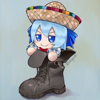 1girl black_boots blue_background blue_bow blue_dress blue_eyes blue_hair boots bow bowtie cirno dress fumo_(doll) hat highres jitome puffy_short_sleeves puffy_sleeves red_bow red_bowtie shirt short_hair short_sleeves simple_background solo sombrero spanish_commentary touhou v-shaped_eyebrows vinyooki white_shirt
