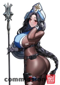 1girl artist_name ass black_hair bodystocking breasts commission cowboy_shot from_side goddess_of_victory:_nikke highres holding holding_polearm holding_weapon huge_ass huge_breasts maiden_(ice_rose)_(nikke) maiden_(nikke) moecchi parted_bangs polearm potion priestess red_eyes sideboob smile solo standing watermark weapon