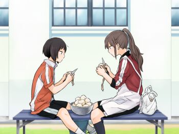 2girls apron black_shorts black_socks bowl brown_hair game_cg holding holding_knife jacket knife komano_hina long_hair multiple_girls non-web_source okujou_no_yurirei-san on_bench orange_jacket outdoors pe88y_(yu_tsugirls) peeling ponytail potato red_jacket short_hair shorts socks toomi_yuna track_jacket white_apron white_socks window