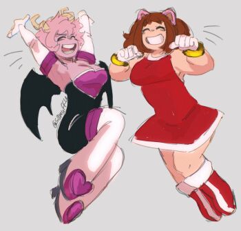 amy_rose armpits ashido_mina bare_legs boku_no_hero_academia bones_(company) boots bracelet brown_hair colored_skin cosplay curly_hair dress formal_clothes gloves highres horns jewelry legs medium_hair messy_hair pink_hair pink_skin rouge_the_bat samuffle sega shounen_jump smile sonic_(series) suit tight_clothes uraraka_ochako
