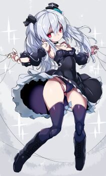 1girl black_boots black_bow black_choker black_dress black_hat black_sleeves boots bow breasts choker closed_mouth commentary_request covered_navel detached_sleeves doll_joints dress expressionless frilled_dress frills full_body grey_background hair_between_eyes hair_bow hat highres joints karukan_(monjya) knee_boots lace-up_boots long_hair looking_at_viewer mini_hat mini_top_hat orchis panties pantyshot purple_panties purple_thighhighs red_eyes shadowverse small_breasts solo strapless strapless_dress thighhighs tilted_headwear top_hat twintails underwear upskirt white_hair