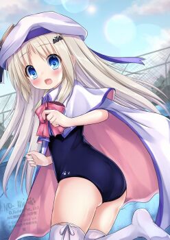 Rule 34 | 1girl, ass, blue eyes, cape, hair ornament, hat, highres, kud wafter, kudpoid (71139), little busters!, long hair, noumi kudryavka, one-piece swimsuit, school swimsuit, solo, swimsuit, thighhighs, white thighhighs