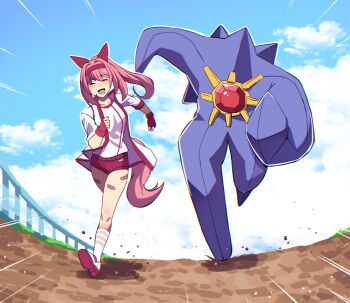 1girl 1other absurdres animal_ears bandaid bandaid_on_leg blue_sky bow buruma commentary crossover ear_bow ear_covers english_commentary fingerless_gloves full_body gem gen_1_pokemon gloves haru_urara_(bestest_prize)_(umamusume) haru_urara_(umamusume) headband highres hinghoi horse_ears horse_girl horse_tail jacket long_hair mega_pokemon mega_starmie meme nintendo pokemon pokemon_(creature) ponytail red_buruma red_gemstone red_gloves red_headband running running_ganger_(meme) running_towards_viewer shirt sky socks starfish starmie striped_clothes striped_socks tail umamusume white_jacket white_shirt