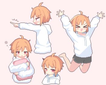 >_< 1girl :d arms_up black_shorts blush cropped_torso dolphin_shorts drawstring from_side grey_background holding holding_pillow hood hood_down hoodie jumping multiple_expressions no_nose open_mouth original pillow pixel_art pointing red_eyes short_shorts shorts simple_background smile solo sotie v-shaped_eyebrows white_hoodie