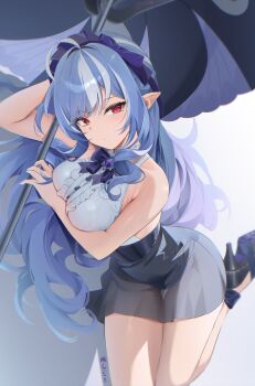 1girl adapted_costume arm_up backless_shirt black_shoes black_skirt breasts closed_mouth commentary_request dot_mouth drill_hair hair_spread_out head_rest high_heels highres hino_kagutsuki holding holding_umbrella long_hair looking_at_viewer lying medium_breasts mole mole_under_eye multicolored_hair on_side pointy_ears purple_hair purple_umbrella red_eyes see-through_silhouette shirt shoes skirt solo streaked_hair thigh_gap umbrella very_long_hair vivian_banshee white_hair white_shirt zenless_zone_zero