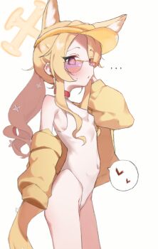 ... 1girl animal_ear_fluff animal_ears bare_shoulders blonde_hair blue_archive blush breasts covered_navel cross_halo extra_ears fox_ears fox_girl fox_tail from_side halo hand_up heart highleg highleg_one-piece_swimsuit highres jacket loli long_hair long_sleeves looking_at_viewer looking_to_the_side off_shoulder one-piece_swimsuit parted_lips seia_(blue_archive) seia_(swimsuit)_(blue_archive) side_ponytail simple_background small_breasts solo spoken_heart sunglasses sweatdrop swimsuit tail thighs tinted_eyewear very_long_hair visor_cap white_background white_one-piece_swimsuit yellow_halo yellow_jacket yellow_visor yungun_(dbsrjsdn0330)