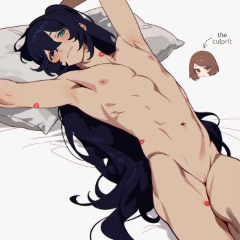 Rule 34 | 1boy, 1girl, bare pectorals, blush, bob cut, brown eyes, brown hair, chibi, chibi inset, cuntboy, english text, half updo, heterochromia, highres, hong lu (project moon), limbus company, lipstick mark, long hair, lying, moony (past desiderium), navel, nipples, nude, oc x canon, on back, on bed, past desiderium, pectorals, pillow, project moon, pussy, sidelocks, smile, thighs, toned, toned male