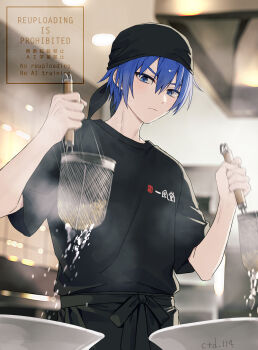 1boy artist_name bandana black_bandana black_shirt blue_eyes blue_hair closed_mouth commentary_request cooking ctd_114 hair_between_eyes highres holding kaito_(vocaloid) male_focus object_request shirt short_hair short_sleeves solo upper_body vocaloid watermark