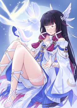 1girl bare_shoulders barefoot black_hair closed_eyes columbina_(genshin_impact) commentary_request dress from_side genshin_impact hands_up invisible_chair luonnotar_(genshin_impact) multicolored_hair off-shoulder_dress off_shoulder parted_lips purple_hair saeki_hokuto signature sitting solo toes white_dress