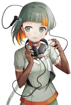 1girl absurdres asymmetrical_hair audio_jack blunt_bangs blush braid brown_gloves brown_nails cable chis-a commentary_request earrings elbow_gloves fingerless_gloves fingernails gloves grey_eyes grey_hair headphones headphones_around_neck highres jewelry kari_kenji long_hair lower_teeth_only multicolored_hair nail_polish open_mouth orange_hair short_sleeves simple_background single_braid single_earring solo teeth two-tone_hair upper_body very_long_hair voisona white_background