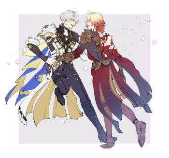 2boys antenna_hair arm_tattoo armlet armor armored_boots back_tattoo black_boots black_choker black_coat black_pants black_shirt blonde_hair blue_cape blush boots braid cape choker clawed_gauntlets closed_eyes coat commentary_request earrings gold_earrings gold_necklace gradient_hair highres honkai:_star_rail honkai_(series) jewelry knee_boots male_focus medium_hair multicolored_hair multiple_boys mydei_(honkai:_star_rail) neck_tattoo necklace open_clothes open_coat pants parted_bangs pauldrons phainon_(honkai:_star_rail) red_cape red_hair red_tattoo shirt short_hair shoulder_armor side_braid side_cape single_pauldron sun_symbol sun_tattoo tan tattoo usan46724937 white_coat white_hair yaoi