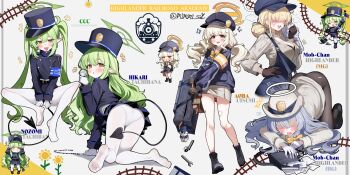 Rule 34 | 5girls, absurdres, all fours, aoba (blue archive), armband, bag, bandages, black boots, black bra, black hat, black pantyhose, blonde hair, blue archive, blue overalls, boots, bra, breasts, buttons, character name, chibi, collared shirt, commentary, demon tail, double-breasted, duffel bag, fallen down, flower, flying sweatdrops, from behind, full body, gloves, green hair, green halo, grey hair, hair bun, halo, hat, highlander railway academy logo, highlander railway academy student (hg) (blue archive), highlander railway academy student (mg) (blue archive), highres, hikari (blue archive), holding, holding bag, holding magnifying glass, holding towel, jacket, large breasts, long hair, long sleeves, magnifying glass, multiple girls, neck ribbon, no eyes, nozomi (blue archive), open mouth, overalls, panties, panties under pantyhose, pantyhose, pointy ears, police hat, railroad tracks, red eyes, ribbon, sak (lemondisk), shirt, shoes, sitting, skirt, soles, standing, tail, thighs, towel, twintails, twitter username, underwear, white gloves, white halo, wrench, yellow eyes, yellow halo