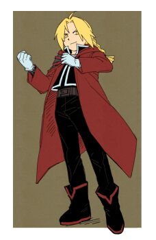 Rule 34 | 1boy, arms up, belt, black boots, black pants, black shirt, blonde hair, boots, border, braid, brown background, closed mouth, coat, edward elric, full body, fullmetal alchemist, gloves, highres, long hair, looking to the side, ls182 520, male focus, mechanical arms, pants, parted hair, popped collar, red coat, shirt, sideways glance, single braid, single mechanical arm, smile, solo, standing, torn clothes, torn coat, white border, white gloves