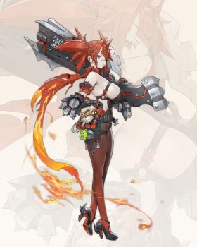 1girl absurdres ahoge armband belt black_belt black_gloves black_hair black_shoes bomb breasts colored_shoe_soles commentary elbow_gloves explosive eyepatch fire from_side gloves gradient_clothes gun hair_intakes hand_on_own_hip high_heels highres huge_weapon jung_wonjo large_breasts looking_at_viewer multicolored_hair o-ring one_eye_covered original over_shoulder parted_lips red_armband red_eyes red_hair red_scarf scarf shoes shotgun side_ponytail sideways_glance spikes standing strappy_heels streaked_hair stuffed_animal stuffed_toy symbol-only_commentary time_bomb weapon weapon_over_shoulder zoom_layer