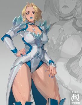 1girl absurdres black_eyes blonde_hair blue_leotard blue_lips blue_nails blue_trim boots breasts chest_jewel choker cleavage commentary earrings emma_frost english_commentary eyeshadow frown gluteal_fold grey_background grey_eyeshadow groin_tendon hand_on_own_hip hand_on_own_thigh highres icklaa jewelry large_breasts leotard looking_down makeup marvel marvel_rivals mature_female multicolored_leotard parted_hair short_hair solo superhero_costume thick_thighs thighs white_choker white_leotard x-men zoom_layer