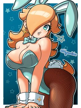 1girl absurdres alternate_costume animal_ears bare_shoulders blonde_hair blue_bow blue_bowtie blue_eyes blue_leotard blue_nails border bow bowtie breasts cleavage earrings eyelashes fake_animal_ears fake_tail fishnet_pantyhose fishnets hair_over_one_eye highres jewelry large_breasts leotard long_hair looking_at_viewer mario_(series) nail_polish nintendo nyazuli outside_border pantyhose parted_lips playboy_bunny rabbit_ears rabbit_tail rosalina solo star_(symbol) star_earrings tail twitter_username white_border wrist_cuffs