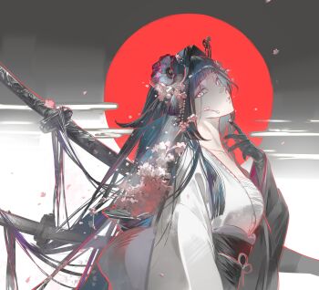 1girl absurdres arched_bangs arknights black_gloves black_hair black_sash chest_sarashi commentary_request flower from_side gloves gongzuotianxiadiyi hair_flower hair_intakes hair_ornament highres japanese_clothes katana kimono looking_at_viewer looking_to_the_side mio_(arknights) neck obi obiage obijime parted_lips sarashi sash solo sun sun_behind_head sword upper_body weapon
