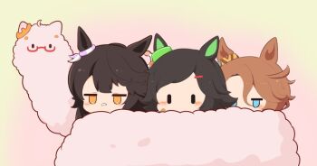 3girls animal_ears bandaid bandaid_on_face bandaid_on_nose biwa_hayahide_(umamusume) black_hair blue_eyes blush bnw_(umamusume) bow brown_hair chibi chibi_only commentary_request ear_ribbon gomashio_(goma_feet) green_ribbon hair_between_eyes hair_ornament hairclip horse_ears horse_girl jitome multiple_girls narita_brian_(umamusume) narita_taishin_(umamusume) no_mouth parted_bangs red-framed_eyewear ribbon semi-rimless_eyewear short_hair umamusume under-rim_eyewear winning_ticket_(umamusume) yellow_eyes yellow_ribbon |_|