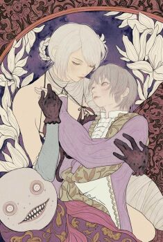Rule 34 | 1boy, 1girl, abstract background, art nouveau, backless outfit, bandaged arm, bandaged leg, bandaged neck, bandages, blue negligee, braid, braided hair rings, commentary, emil (human) (nier), emil (nier), english commentary, feather-trimmed sleeves, gloves, green shawl, grey hair, hagushka, hair rings, holding, jacket, kaine (nier), lace-trimmed jacket, lingerie, looking at another, lunar tear, lying, lying on person, mask, negligee, nier, nier (series), purple jacket, shawl, signature, single bare shoulder, underwear, white hair
