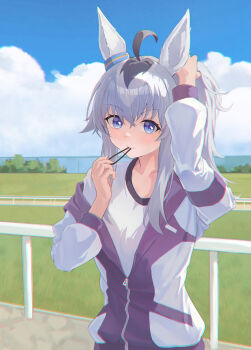 1girl absurdres ahoge animal_ears blue_eyes blush breasts closed_mouth collarbone commentary_request ear_ornament grey_hair gym_shirt hair_between_eyes highres horse_ears horse_girl jacket kasamatsu_tracen_training_uniform long_hair long_sleeves multicolored_hair multicolored_jacket oguri_cap_(umamusume) outdoors pants ponytail purple_jacket purple_pants purple_track_suit shirt sky solo track_jacket track_pants track_suit two-tone_jacket tying_hair umamusume umamusume:_cinderella_gray white_shirt yuzpoi